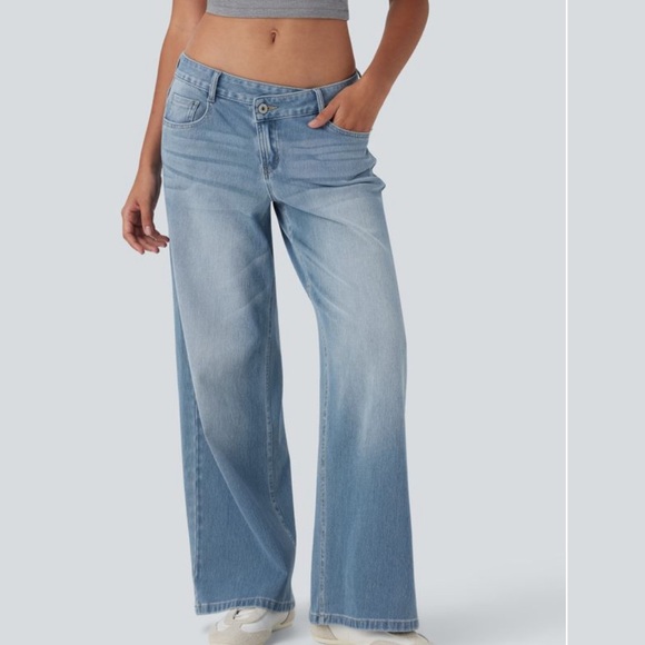 Halara Flex™ Asymmetric Low Rise Zipper Pockets Baggy Wide Leg Casual Jeans - Picture 9 of 16